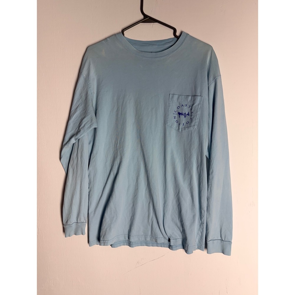 Coastal Cotton Mens Long Sleeve Pocket T-Shirt Blue Fish Graphic Size Medium